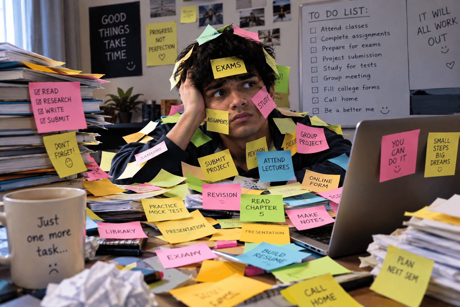A student buried in sticky notes and too many to-dos