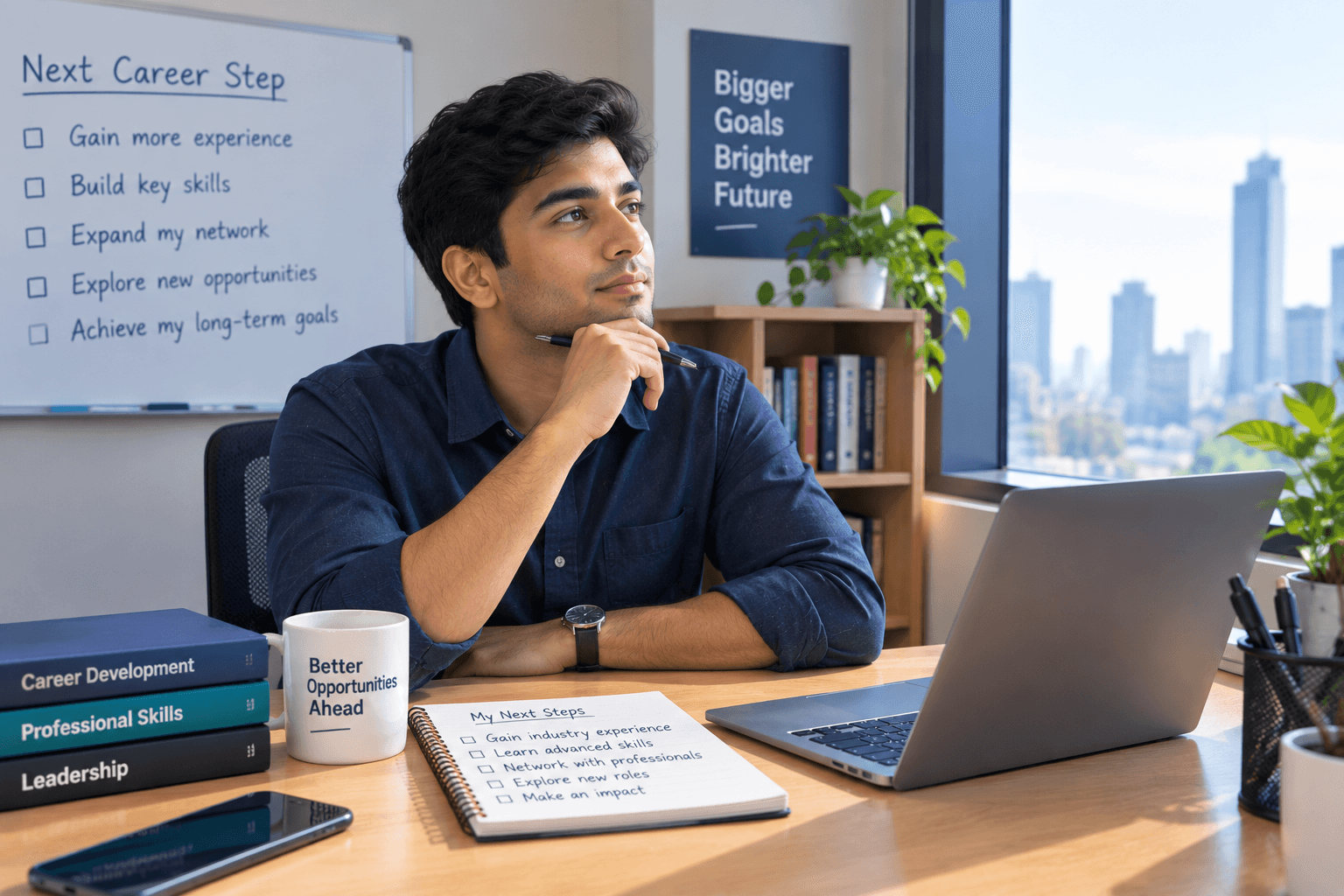 A student planning the next career step at his desk