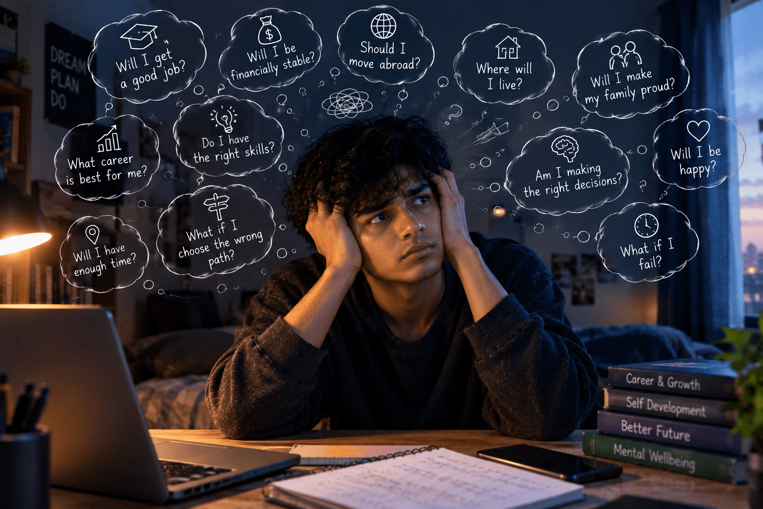 Young person sitting with racing thoughts about the future