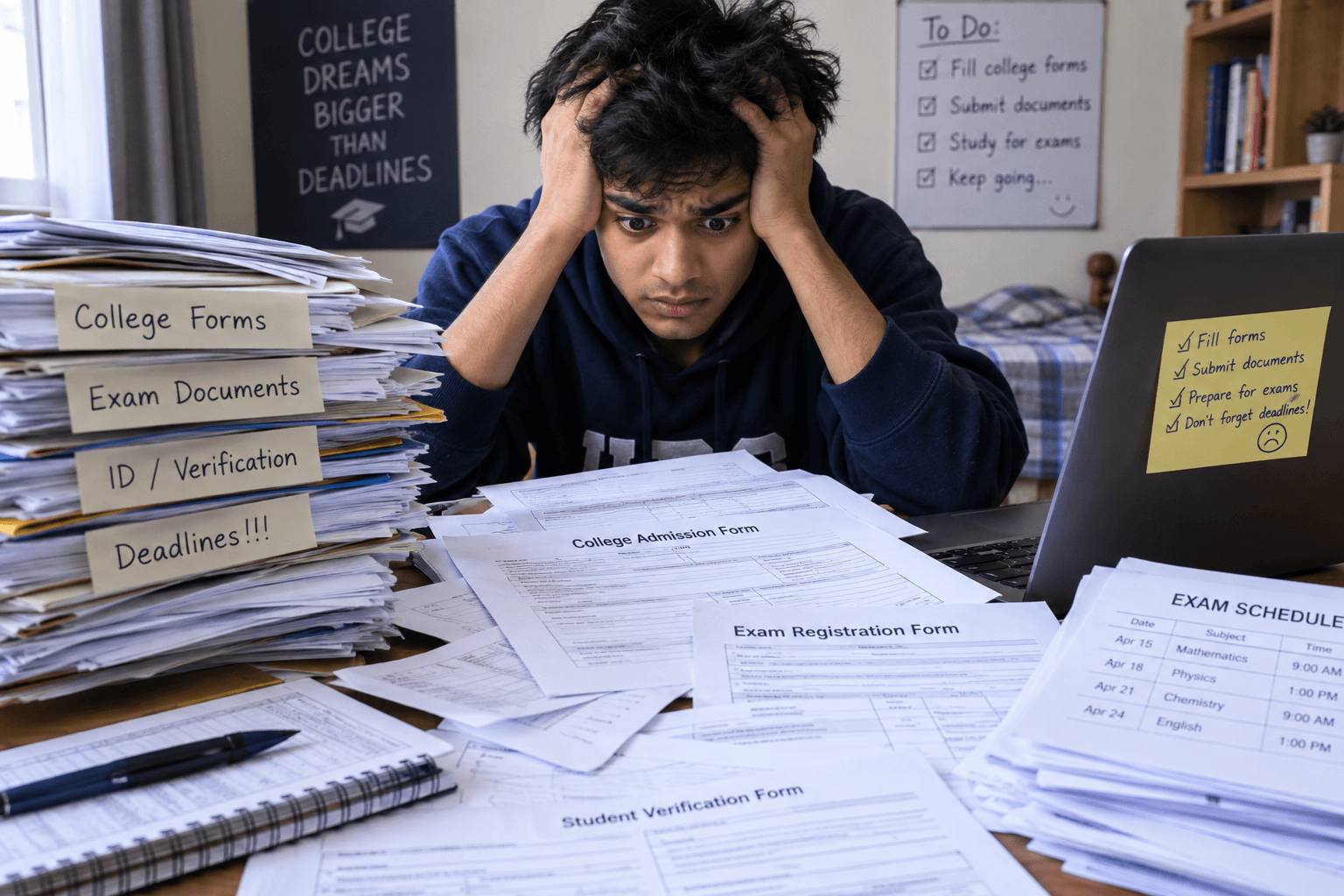 Student overwhelmed by college forms and exam paperwork