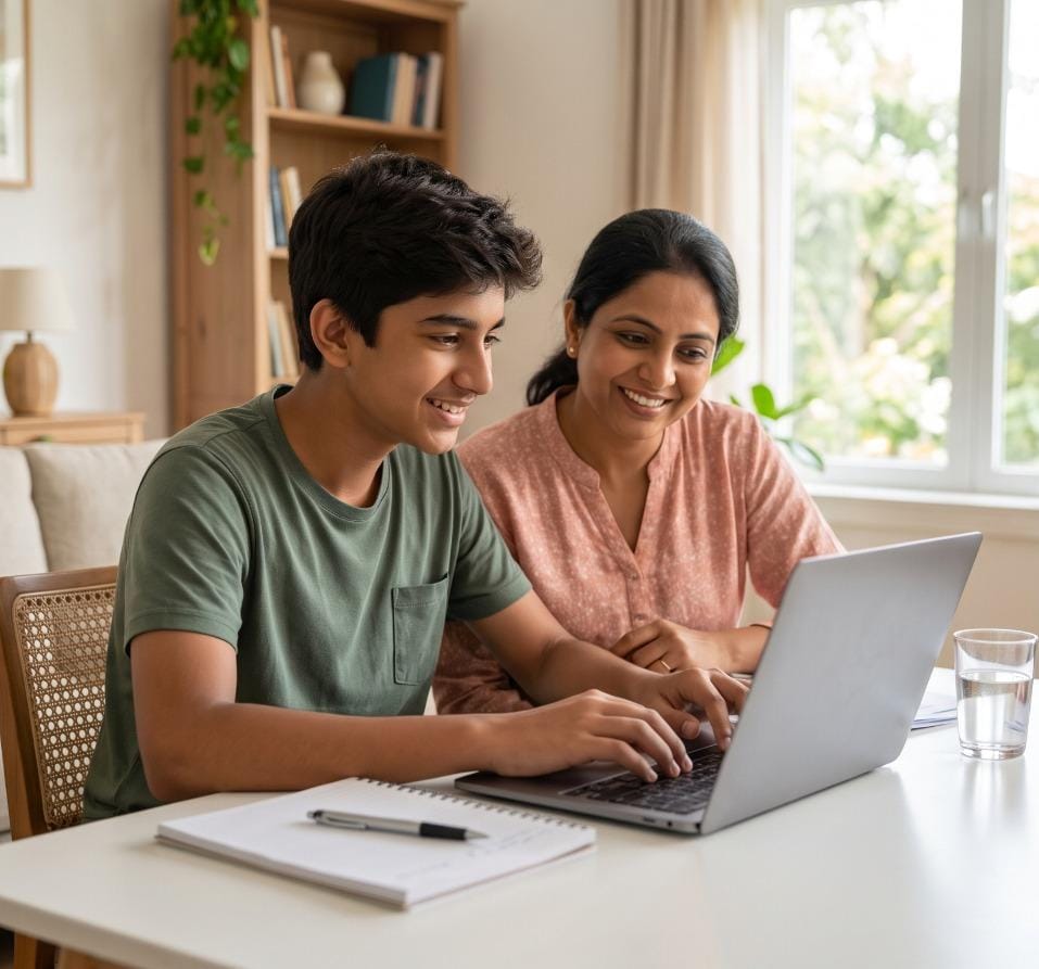 Student and parent reviewing career options together on a laptop